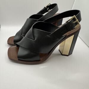 Tory Burch Bleeker Black Leather Slingback Gold Heels Sandals size 6.5 Designer